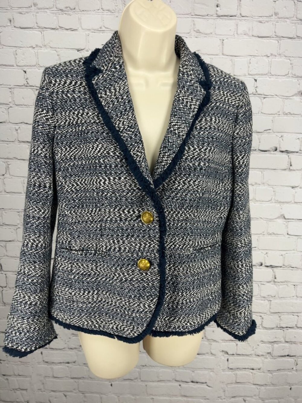 J.Crew Navy White Tweed Fringe Trim Schoolboy Blazer Gold Buttons Women's 6